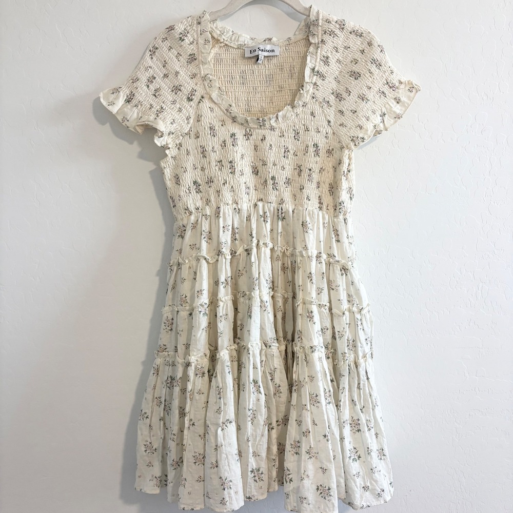 En‎ Saison Refine Vintage Floral Smocked Tiered Mini Dress Natural Cream Small - Picture 4 of 9
